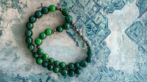 Traditional prayer beads with binary code on green beads