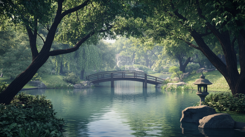Tranquil Japanese garden pond reflects lush greenery