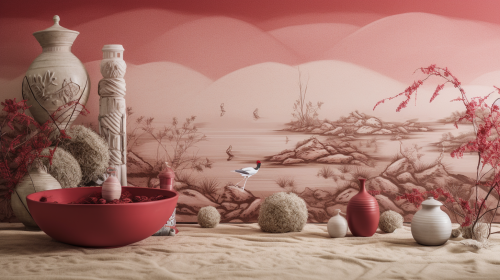 Tranquil Oriental Garden with Stones, Cranes, Water Flow