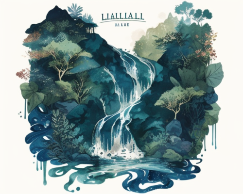 Tranquil Waterfall: James Jean & Hokusai Style