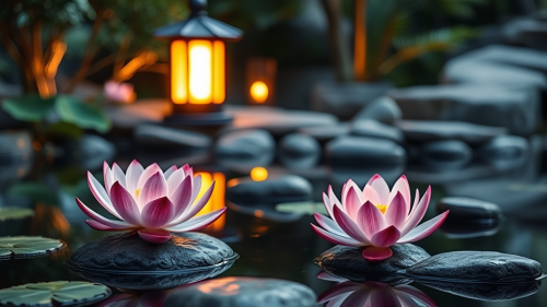 Tranquil Zen Garden with Lotus Flowers