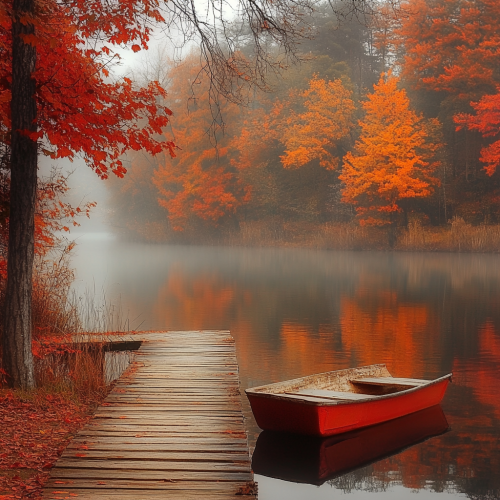 Tranquil autumn dawn at still lake with rowboat