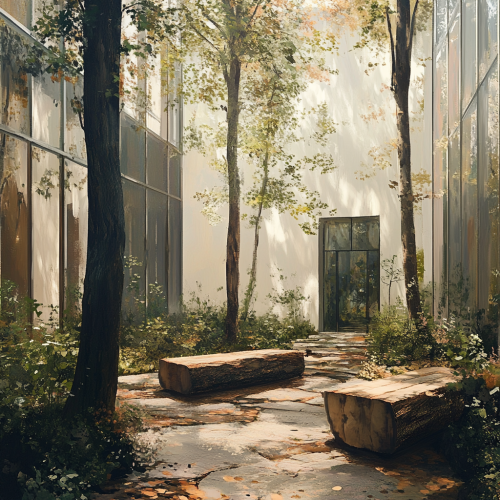 Tranquil forest corner at university with modern buildings