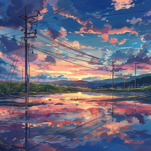 Tranquil rural landscape at sunset with beautiful sky.