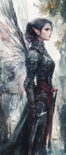 Translucent winged fey in leather armor exploring eerie city.