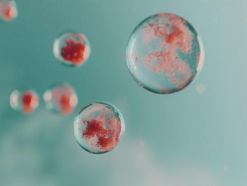 Transparent bubbles glow on soft blue background, dreamy.