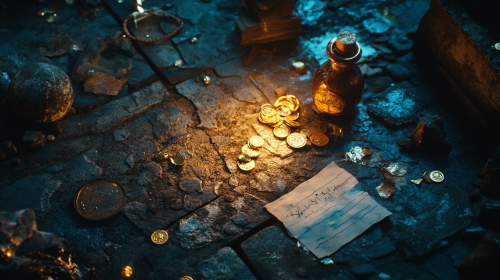 Treasure on Stone Floor in the Dark Night