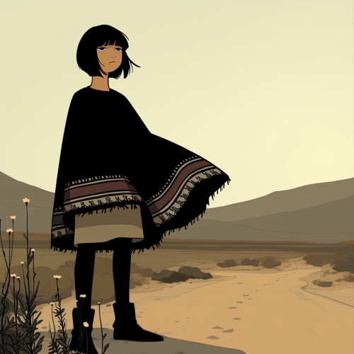 Trekking Mexican woman with bob haircut in desert scenery.