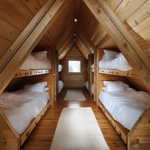 Triangle cabin nestled in mountainside with bunk bedroom view. Triangle cabin nestled in mountainside with bunk bedroom view.