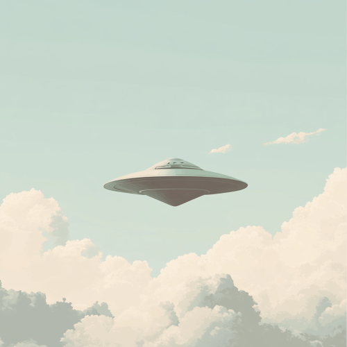 Triangle flying saucer in blue sky, 70s style art.