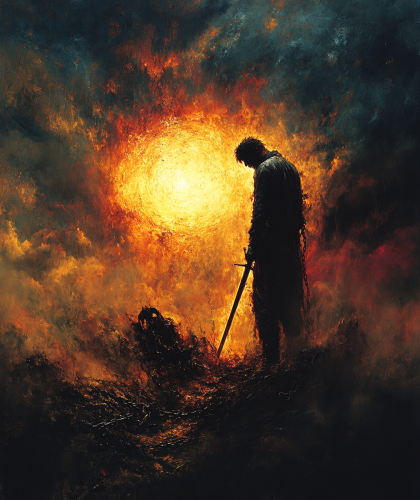 Triumphant hero holding sword over defeated ego.