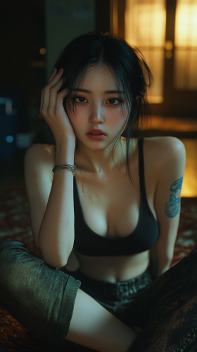 Troubled Model Influencer Cradling Head in Dim Room