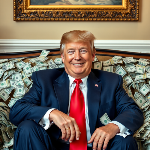 Trump Smiling on Couch Surrounded by Money