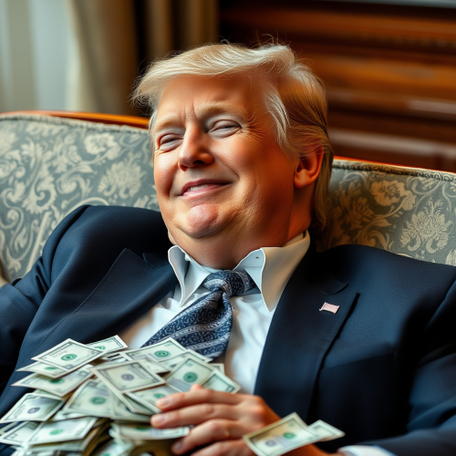 Trump Smiling on a Couch Made of Money