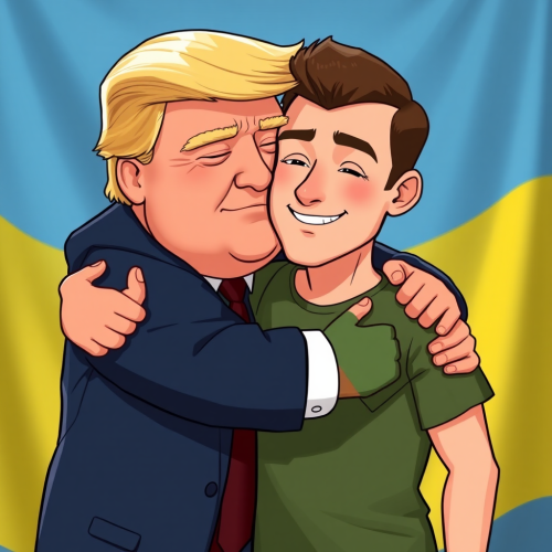 Trump hugs Zelenskyy with Ukraine flag backdrop.