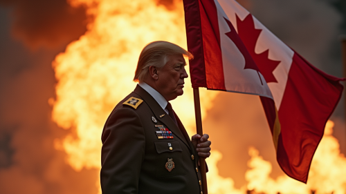 Trump in Army Uniform Emerges from Burning Canadian Flag