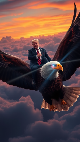 Trump on majestic eagle soaring in sunset sky. Trump on majestic eagle soaring in sunset sky.