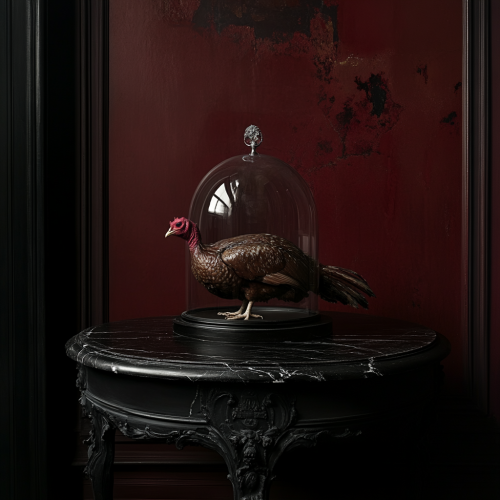 Turkey under glass dome on black table, red walls. Turkey under glass dome on black table, red walls.