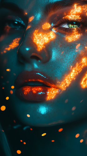 Turquoise and orange tones on woman's face, chaotic composition.