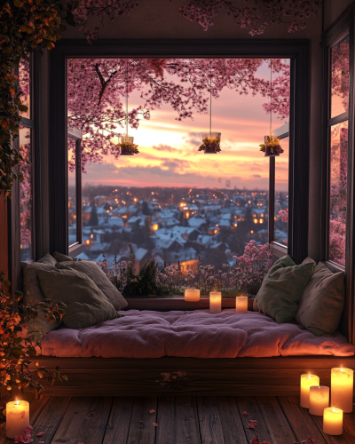 Twilight town view from cozy window seat