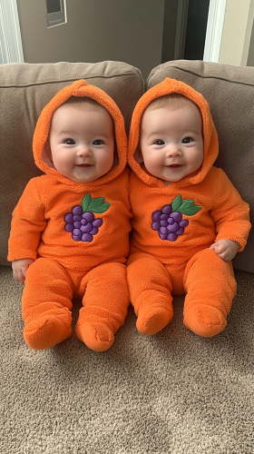 Twin babies in colorful costumes on the runway