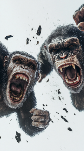Two Angry Chimps Flying Towards Camera Together