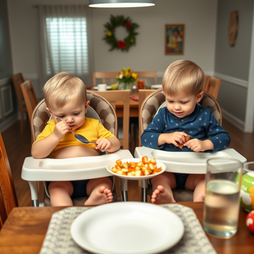 Two Boys Overeating at Dinner Table