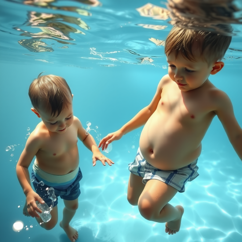 Two Brothers Playing in the Pool with Big Bellies