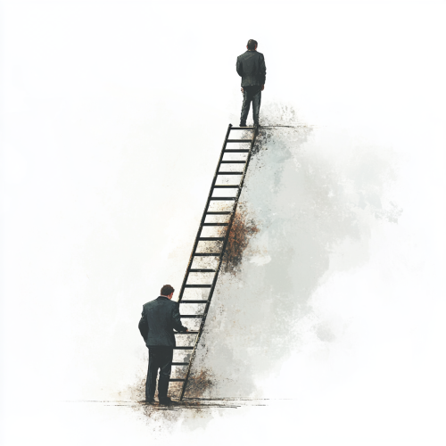 Two Business Owners on Stairs: One Hesitates, One Succeeds