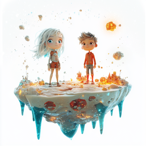 Two Children on a Pixaresque Floating Island in Space
