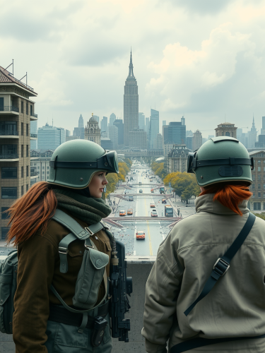 Two Female Soldiers Facing Destroyed City In VR