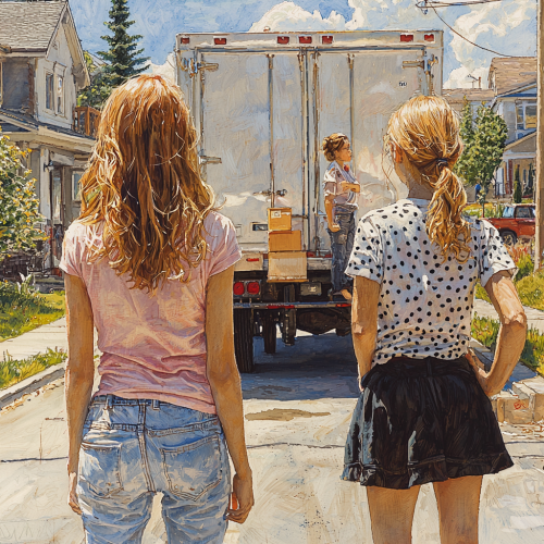 Two Girls Watching Men Move Boxes in Neighborhood