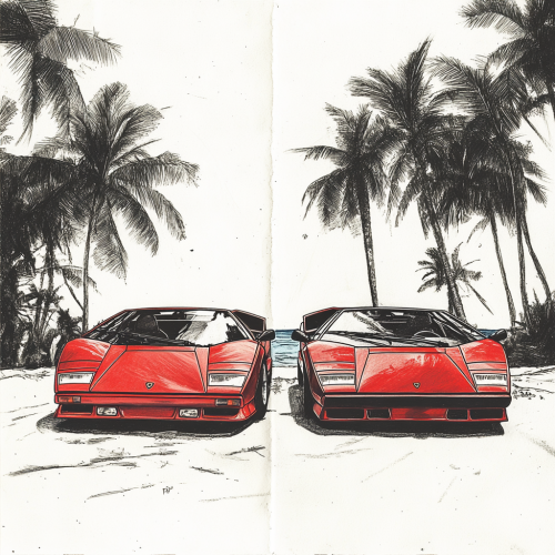 Two Lamborghinis Countach in 90s car magazine cover.