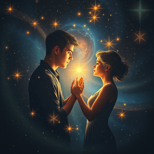 Two People Bonding Amidst Starbirth in Space