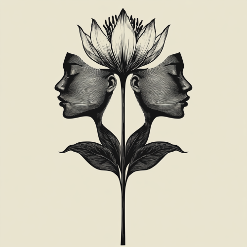 Two Women's Faces on Flower Stem Art Design