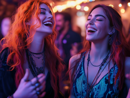 Two Women Laughing Outside Club, Close-Up Shot