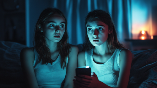Two Women Listen to Horror Podcast at Night.