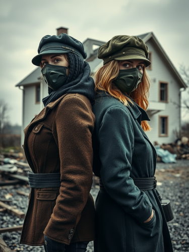 Two Women in War Masks at Ruined House