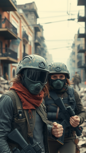 Two angry women soldiers in ravaged city.