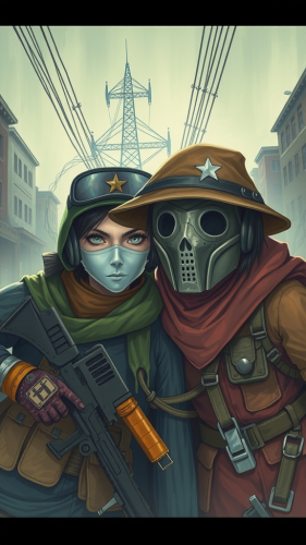 Two angry women soldiers playing in war-ravaged city.