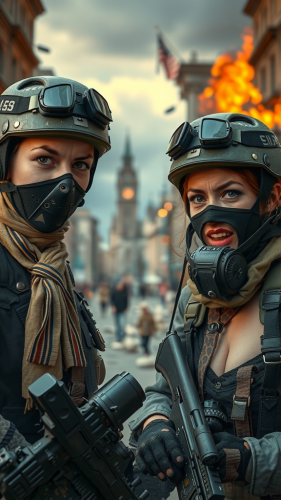 Two angry women soldiers wearing war masks in city.