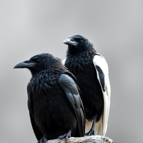 Two black and white ravens sitting together.