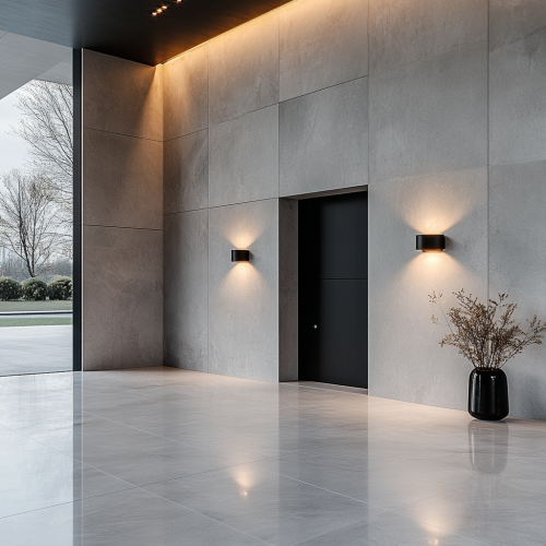 Two black wall lights in a modern house.