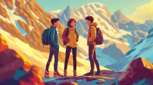 Two boys and a girl talk by mountains