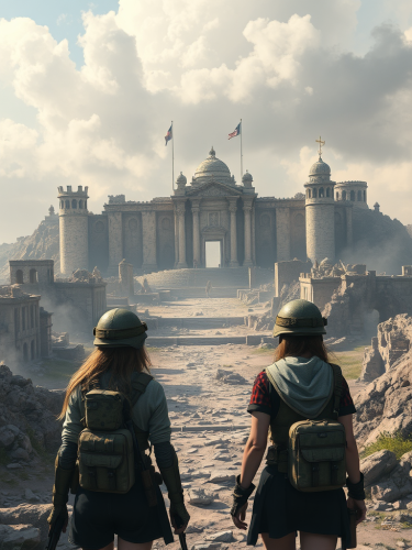 Two brave girls protecting a destroyed city.