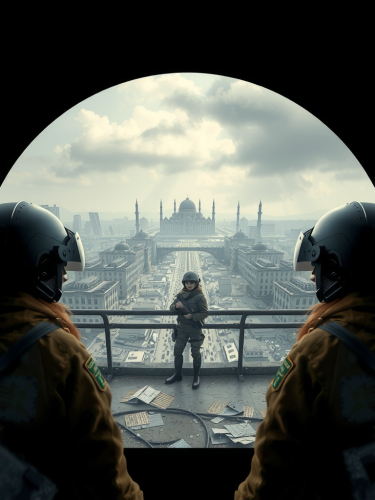 Two brave soldiers stand in front of destroyed city.