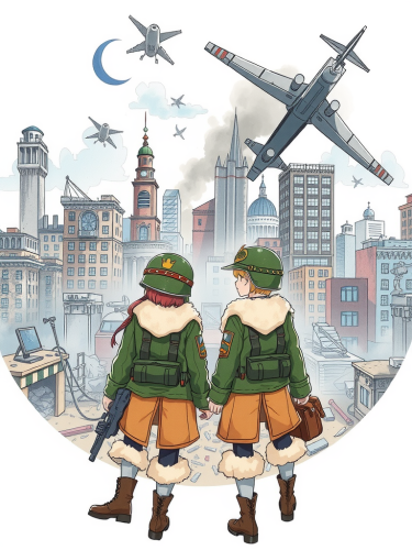 Two brave soldiers stand in front of ruined city.