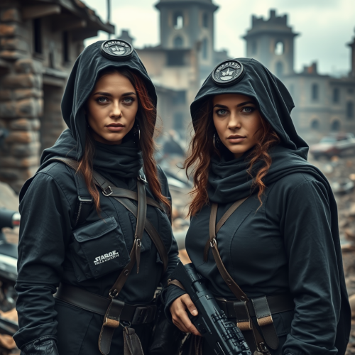 Two brave women soldiers in destroyed city.