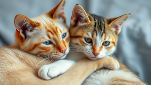Two cats cuddling: flame point and tabby