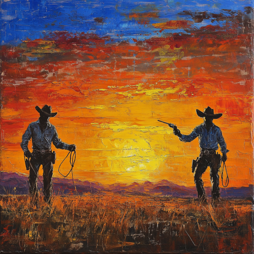 Two cowboys pose with weapons and rope at sunset.